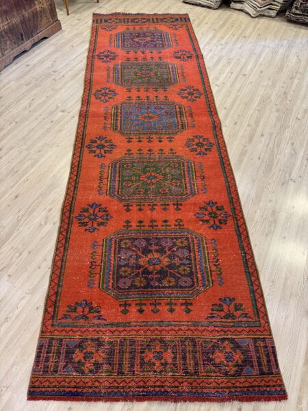 Distressed Handwoven Vintage Runner Rug, Handmade rug, wool & silk wool/weave, size 104 × 350 cm, from Gördes, SKU 10460