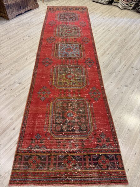 Distressed Hand-Woven Vintage Runner Rug, Handmade rug, wool & silk wool/weave, size 99 × 370 cm, from Kars, SKU 10462