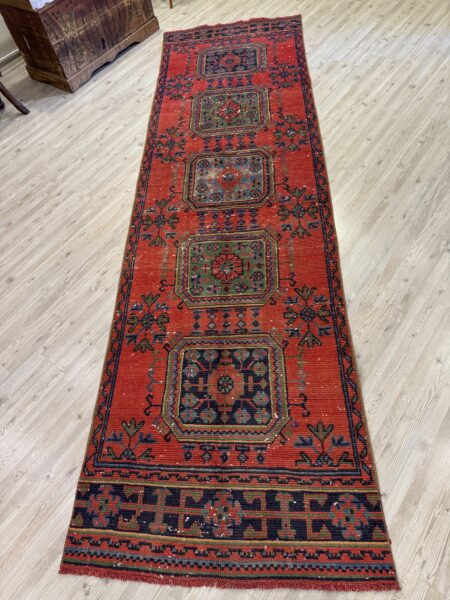 Distressed Hand-Woven Vintage Runner Rug, Handmade rug, wool & cotton wool/weave, size 97 × 336 cm, from Demirci, SKU 10463