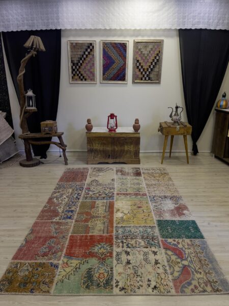 Vintage-Style Handwoven Patchwork Rug - SKU 4007 - Detail View