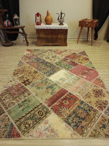 Century-Old Antique-Style Patchwork Rug, Handmade rug, wool wool/weave, size 160 × 228 cm, from Cappadocia, SKU 6387