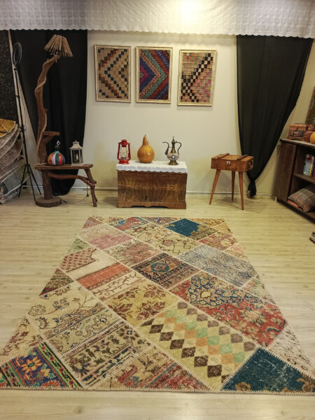 Handmade Distressed Patchwork Rug, Handmade rug, wool, cotton & silk wool/weave, size 160 × 230 cm, from Kayseri, SKU 6391