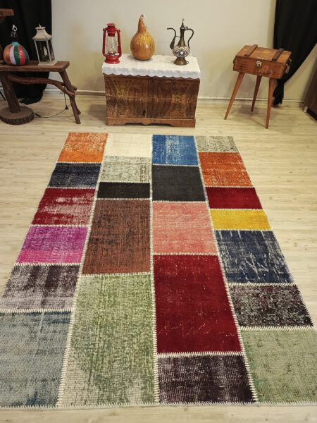 Vintage-Style Wool Patchwork Rug, Handmade rug, cotton wool/weave, size 160 × 230 cm, from Konya, SKU 6407