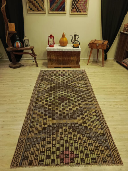 Wool Distressed Patchwork Rug, Handmade rug, wool, cotton & silk wool/weave, size 119 × 240 cm, from Gördes, SKU 6418