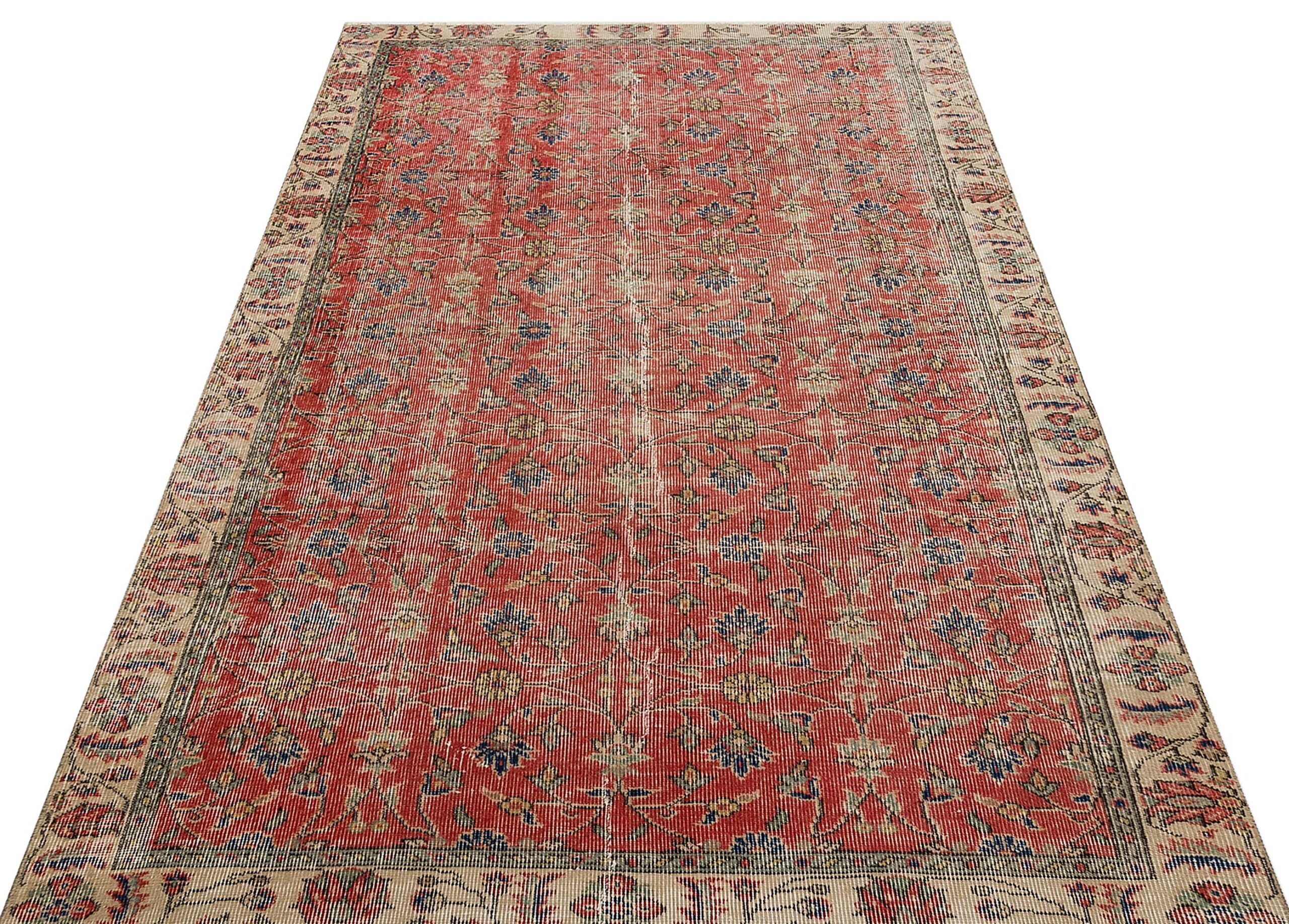 Classic, Modern, Vintage, Distressed, Hand-Woven Rug | Red, Handmade rug, wool & silk wool/weave, size 138 × 227 cm, from Milas, SKU 9838