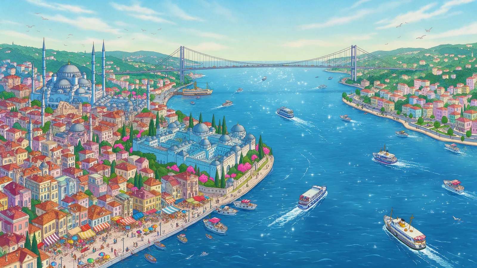 Illustrated view of Istanbul’s waterfront and mosques — where Sempati Hali’s try-at-home service operates