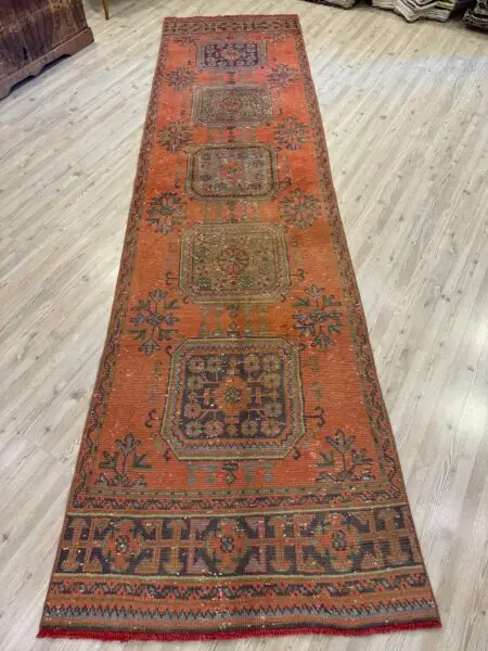 Distressed Handwoven Vintage Runner Rug, Handmade rug, wool & cotton wool/weave, size 90 × 345 cm, from Bergama, SKU 10457
