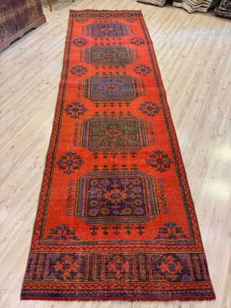 Distressed Handwoven Vintage Runner Rug, Handmade rug, wool & silk wool/weave, size 104 × 350 cm, from Gördes, SKU 10460