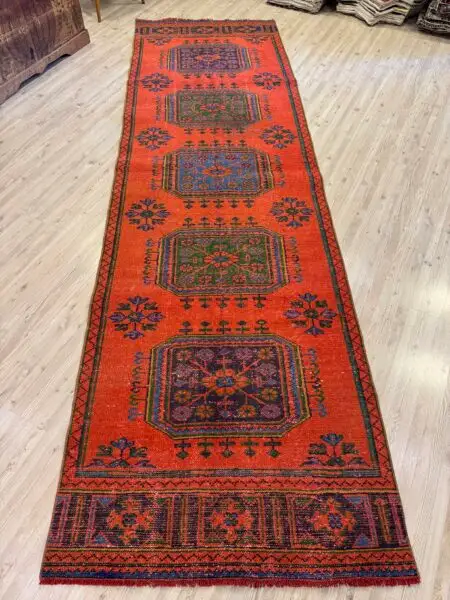 Distressed Handwoven Vintage Runner Rug, Handmade rug, wool & silk wool/weave, size 104 × 350 cm, from Gördes, SKU 10460