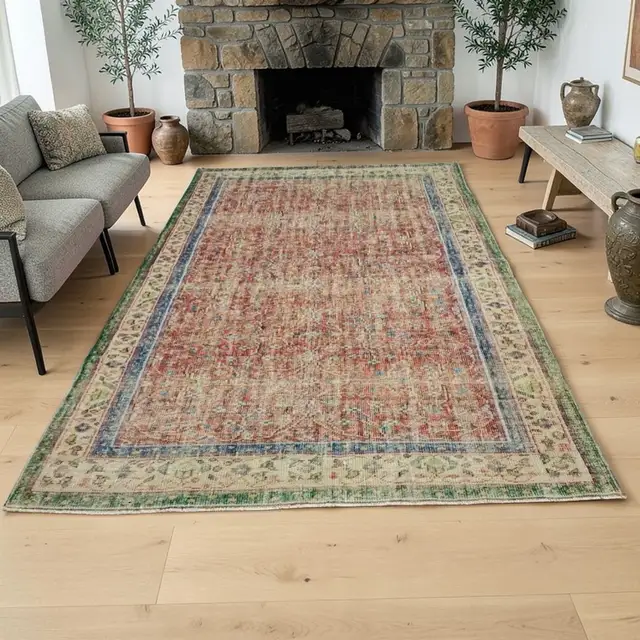 100% Wool Hand-Woven Vintage Rug, Handmade rug, wool & cotton wool/weave, size 196 × 307 cm, from Anatolia, SKU 10820