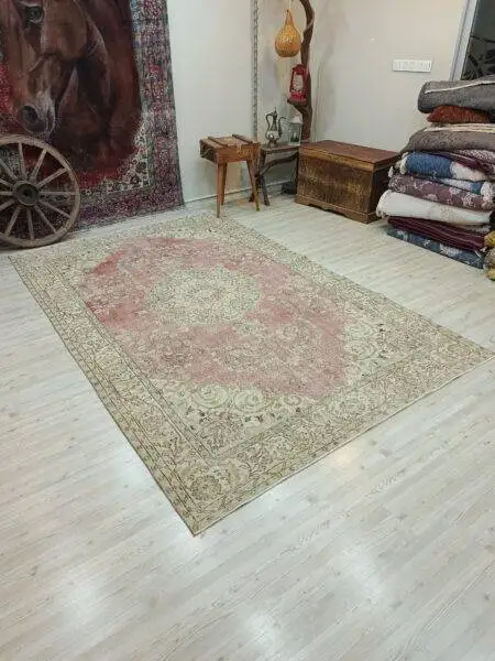 Natural Wool Distressed Rug, Handmade rug, cotton wool/weave, size 190 × 302 cm, from Milas, SKU 10825