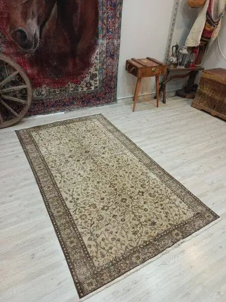 100% Wool Handwoven Vintage Rug, Handmade rug, wool & silk wool/weave, size 114 × 206 cm, from Bursa, SKU 10845