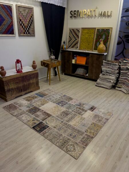 Handmade Patchwork Elegant Design Rug, Handmade rug, cotton wool/weave, size 124 × 178 cm, from Oushak, SKU 4004