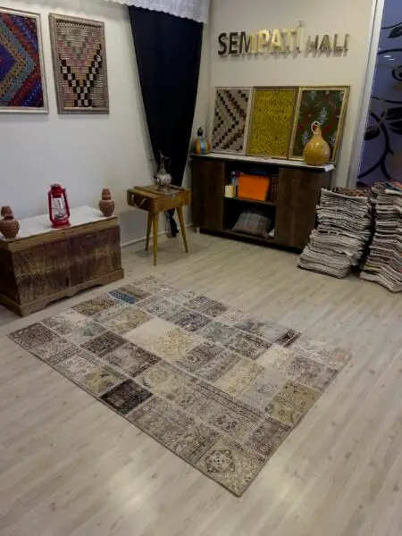 Handmade Patchwork Elegant Design Rug, Handmade rug, cotton wool/weave, size 124 × 178 cm, from Oushak, SKU 4004