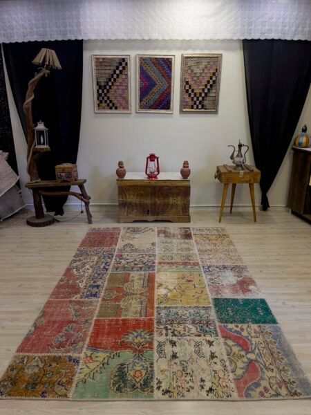 Vintage-Style Handwoven Patchwork Rug - SKU 4007 - Detail View