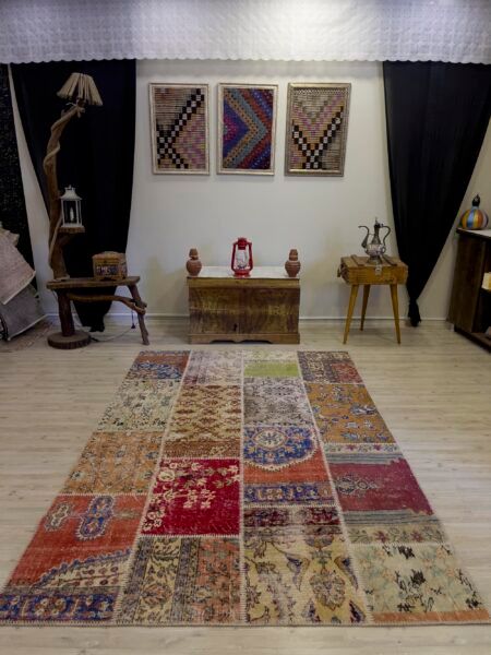 Handmade Patchwork Elegant Design Rug, Handmade rug, wool, cotton & silk wool/weave, size 162 × 240 cm, from Milas, SKU 4019