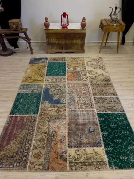 A Unique and Beautiful Custom Patchwork Rug, Handmade rug, cotton wool/weave, size 162 × 235 cm, from Antalya, SKU 4034