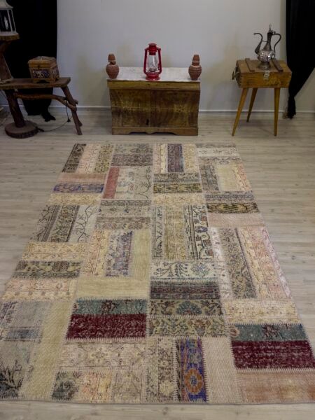 Hand-Woven Distressed Special Patchwork Rug, Handmade rug, wool wool/weave, size 162 × 237 cm, from Ladik, SKU 4045