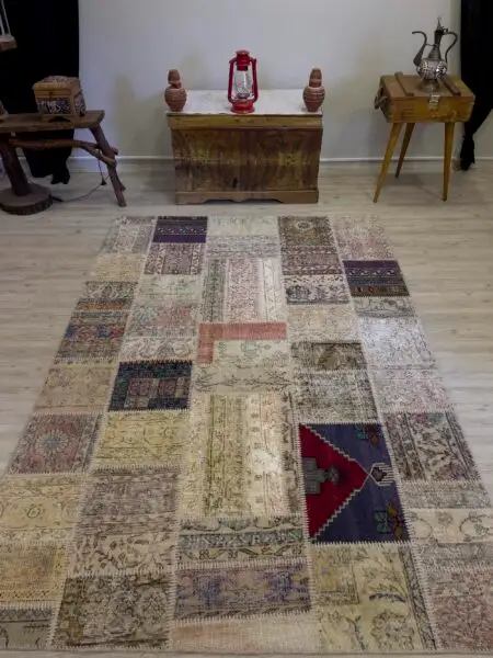 A Unique and Beautiful Custom Patchwork Rug, Handmade rug, wool & cotton wool/weave, size 163 × 233 cm, from Bursa, SKU 4060