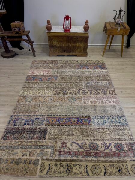 Hand-Woven Distressed Special Patchwork Rug, Handmade rug, wool & silk wool/weave, size 161 × 234 cm, from Hereke, SKU 4066