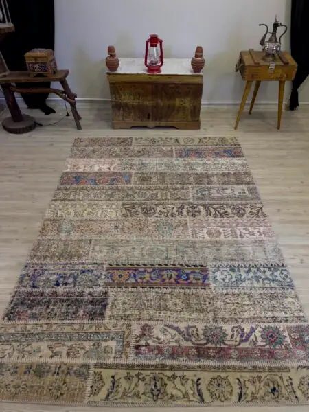 Hand-Woven Distressed Special Patchwork Rug, Handmade rug, wool & silk wool/weave, size 161 × 234 cm, from Hereke, SKU 4066
