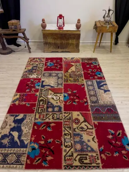 Hand-Woven Distressed Special Patchwork Rug, Handmade rug, wool wool/weave, size 162 × 237 cm, from Gaziantep, SKU 4067