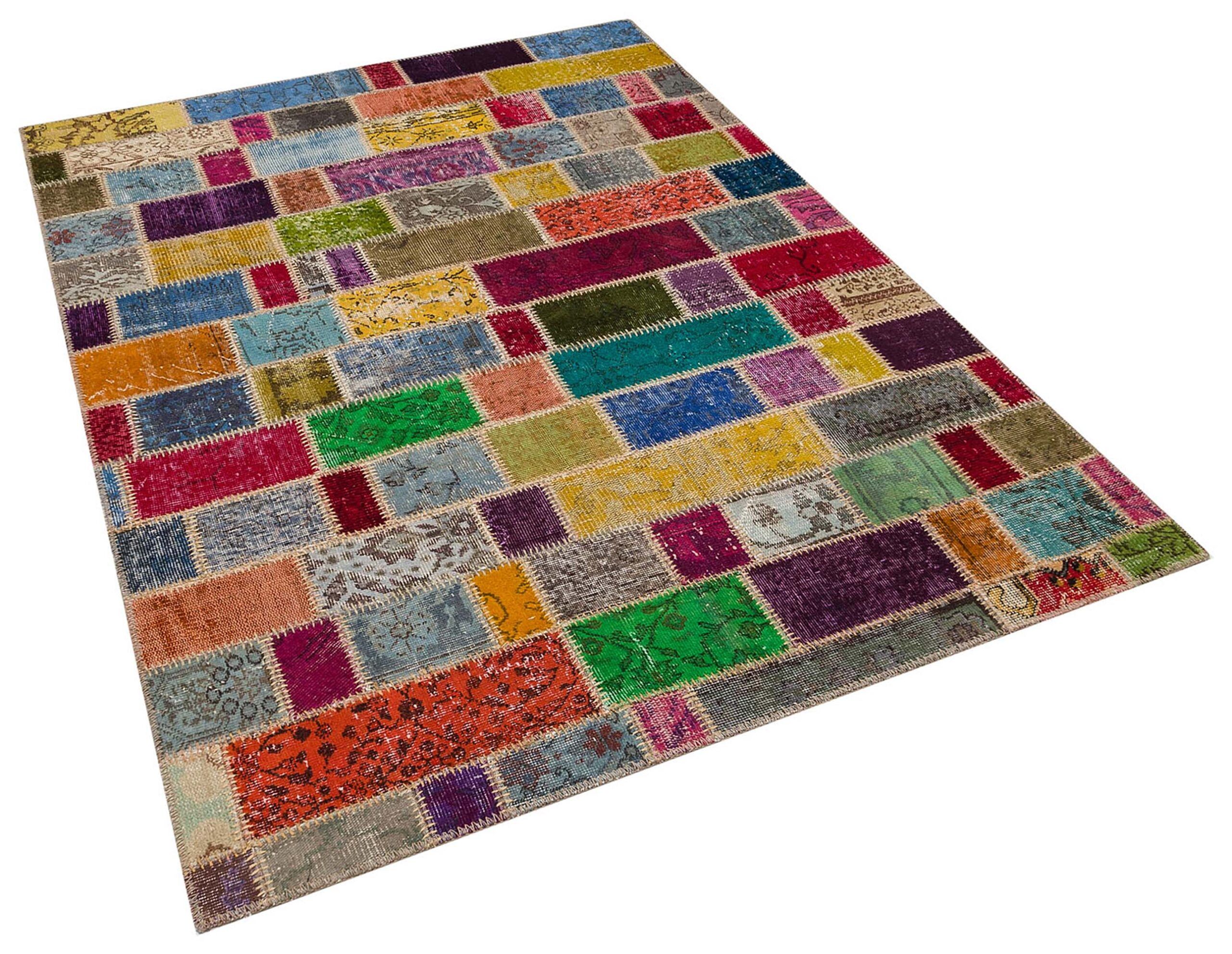 Patchwork-Textured Distressed Rug, Handmade rug, cotton wool/weave, size 160 × 220 cm, from Anatolia, SKU 5841