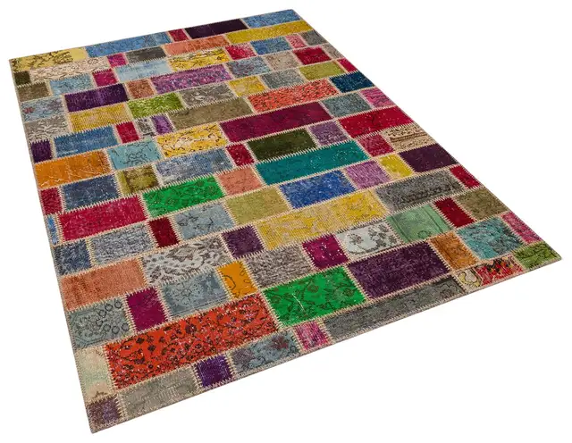 Patchwork-Textured Distressed Rug, Handmade rug, cotton wool/weave, size 160 × 220 cm, from Anatolia, SKU 5841