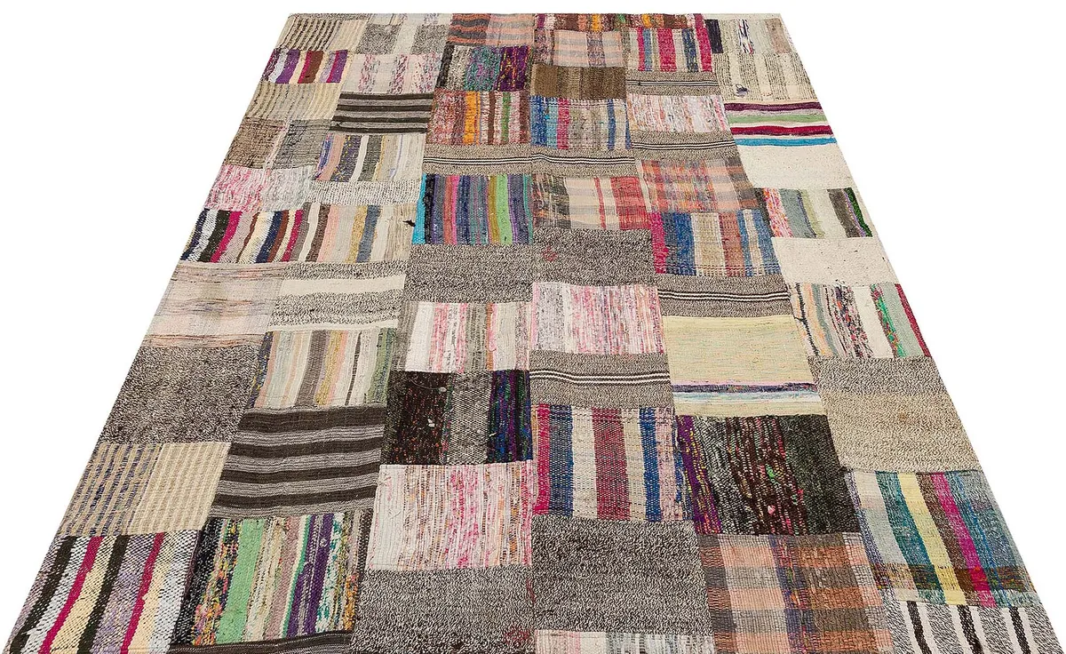 Patchwork Distressed Handwoven Rug, Handmade rug, wool & silk wool/weave, size 168 × 230 cm, from Isparta, SKU 6131