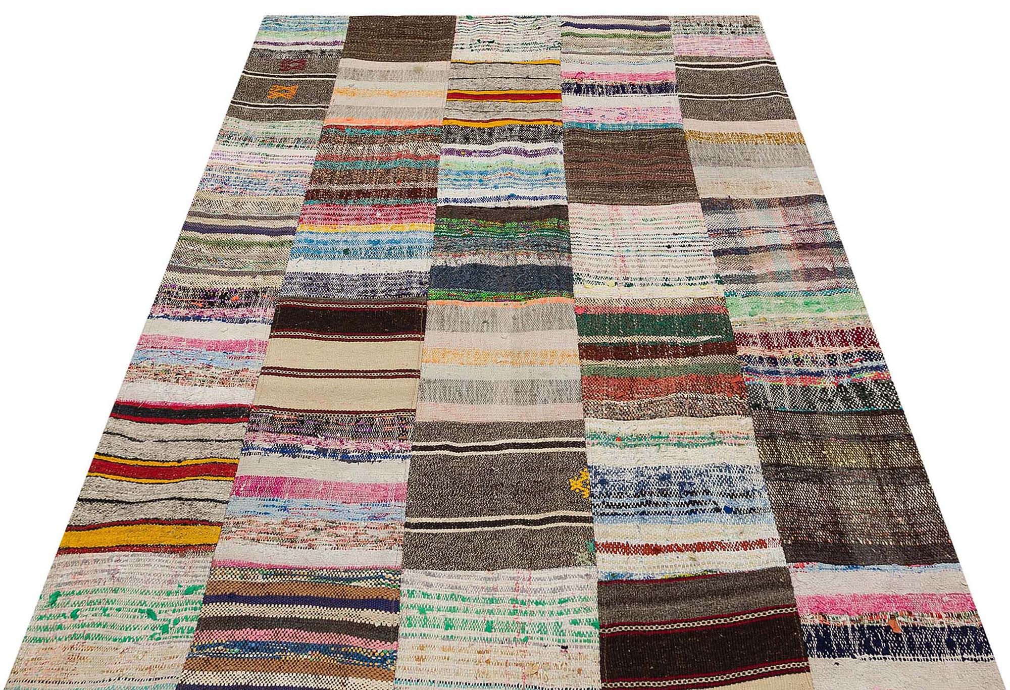 Vintage-Style Hand-Woven Patchwork Rug, Handmade rug, wool & cotton wool/weave, size 200 × 140 cm, from Bursa, SKU 6164