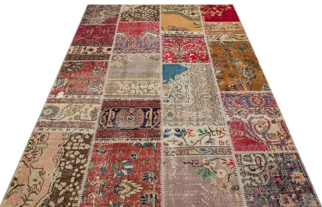 Patchwork-Style Distressed Rug, Handmade rug, wool, cotton & silk wool/weave, size 160 × 230 cm, from Ladik, SKU 6217