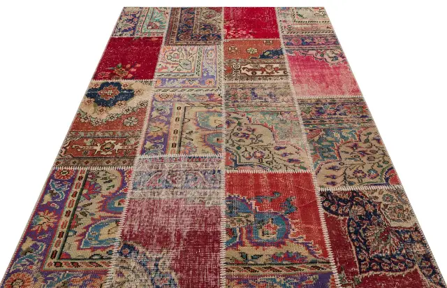 Hand-Woven Wool Patchwork Rug, Handmade rug, wool & silk wool/weave, size 160 × 230 cm, from Isparta, SKU 6218