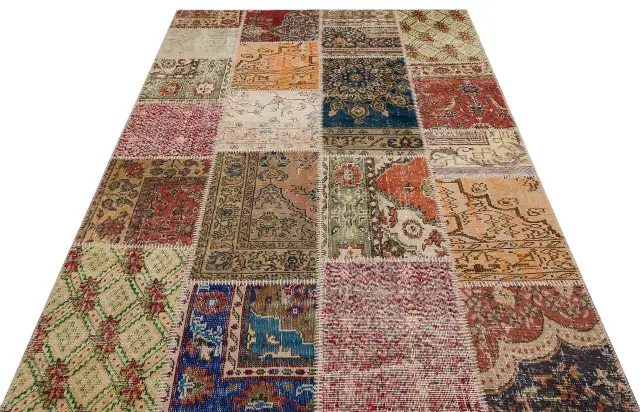 Hand-Woven Patchwork Rug, Handmade rug, silk wool/weave, size 160 × 230 cm, from Milas, SKU 6256