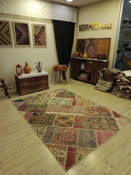 Classic Hand-Woven Patchwork Rug, Handmade rug, cotton wool/weave, size 160 × 230 cm, from Kars, SKU 6382