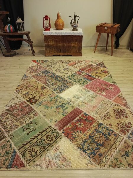 Century-Old Antique-Style Patchwork Rug, Handmade rug, wool wool/weave, size 160 × 228 cm, from Cappadocia, SKU 6387