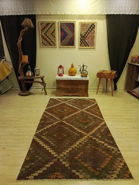 Vintage Hand-Woven Wool Patchwork Rug, Handmade rug, wool wool/weave, size 120 × 228 cm, from Kars, SKU 6419