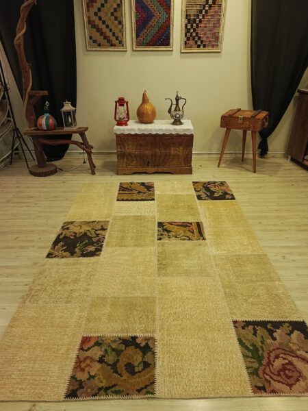 Anatolian-Patterned Distressed Patchwork Rug, Handmade rug, wool & silk wool/weave, size 160 × 230 cm, from Oushak, SKU 6421