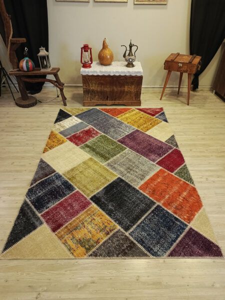 Handwoven Patchwork Rug, Handmade rug, wool wool/weave, size 160 × 227 cm, from Van, SKU 6508