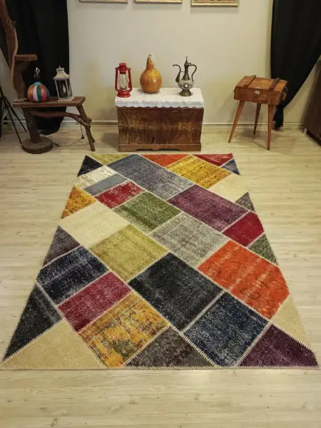 Handwoven Patchwork Rug, Handmade rug, wool wool/weave, size 160 × 227 cm, from Van, SKU 6508