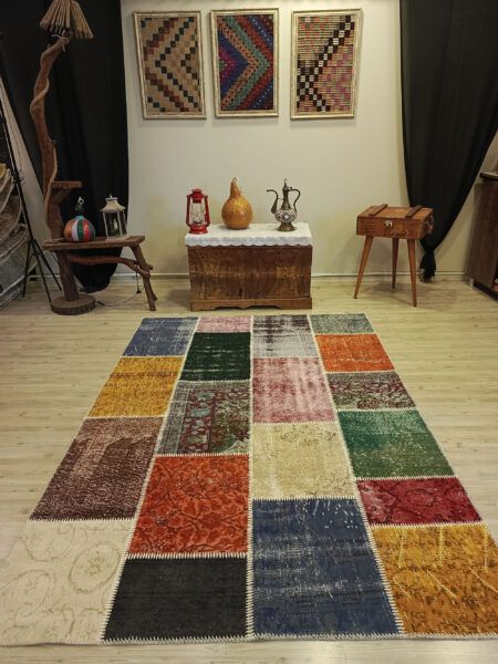 Vintage-Style Handwoven Patchwork Rug, Handmade rug, cotton wool/weave, size 160 × 230 cm, from Oushak, SKU 6509