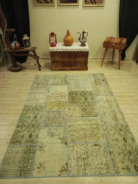 Vintage Handwoven Patchwork Rug, Handmade rug, silk wool/weave, size 215 × 160 cm, from Gaziantep, SKU 6525